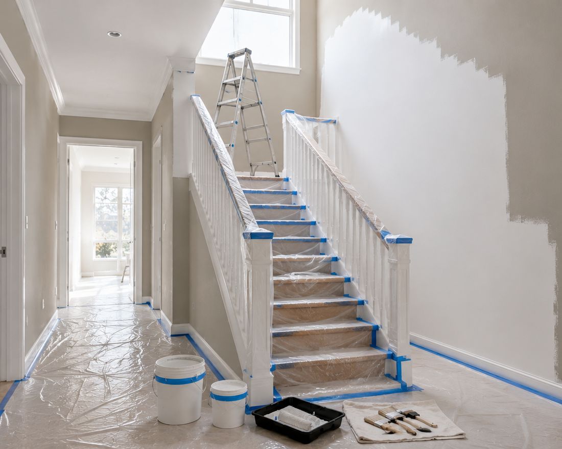 Escalera y pasillo con superficies preparadas para pintar