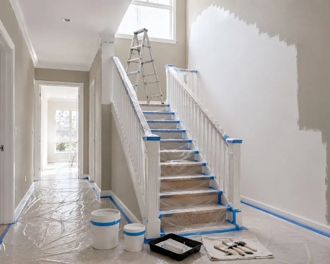 Escalera y pasillo con superficies preparadas para pintar