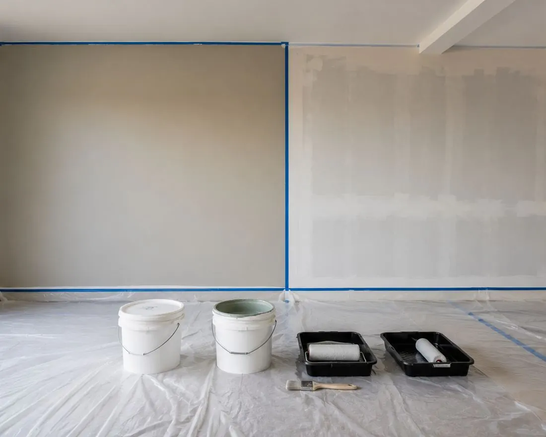 Muro con capas de pintura y preparación de superficie