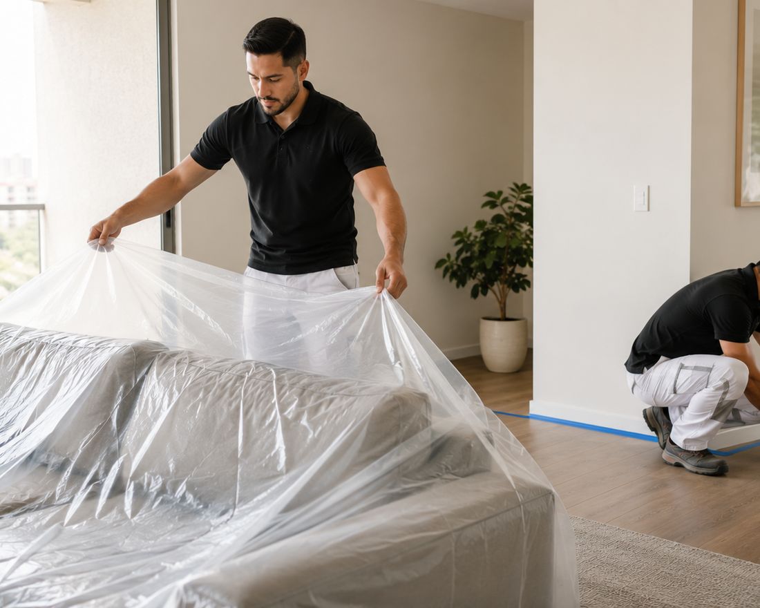 Equipo de PintorPro protegiendo los muebles antes de pintar
