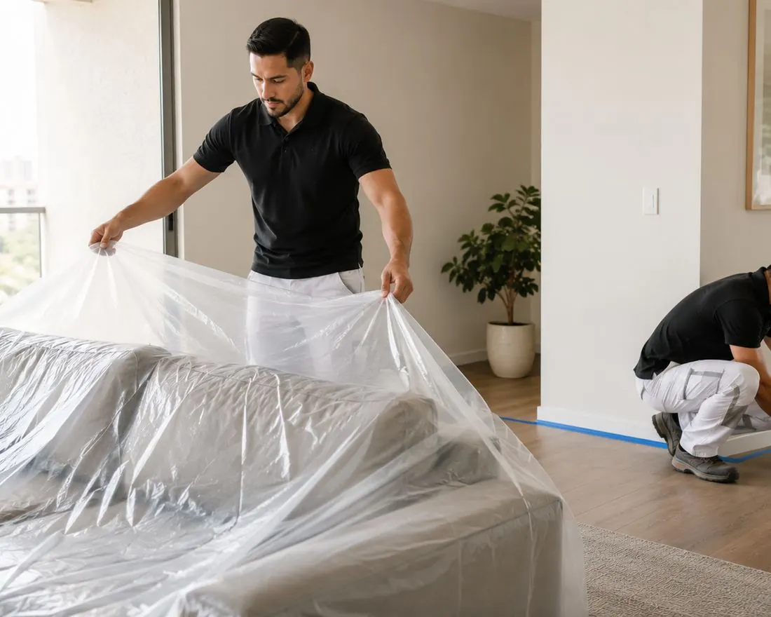 Equipo de PintorPro protegiendo los muebles antes de pintar