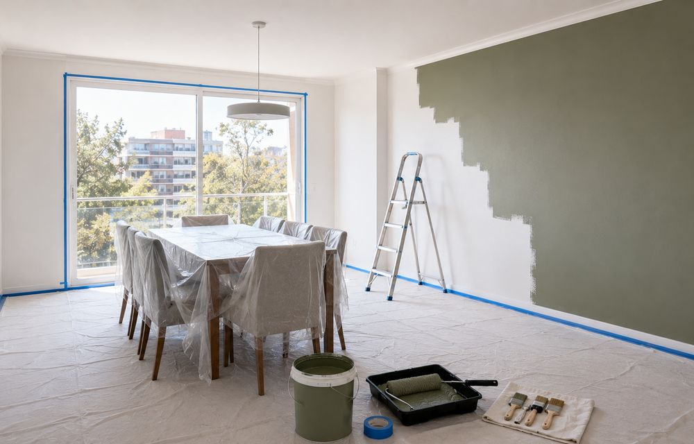 Comedor con muro de acento verde recién aplicado