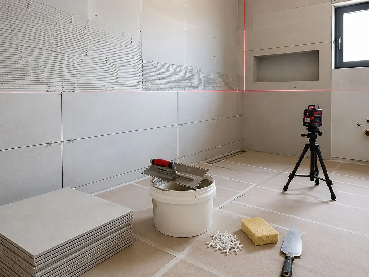 Baño en remodelación con revestimiento en instalación