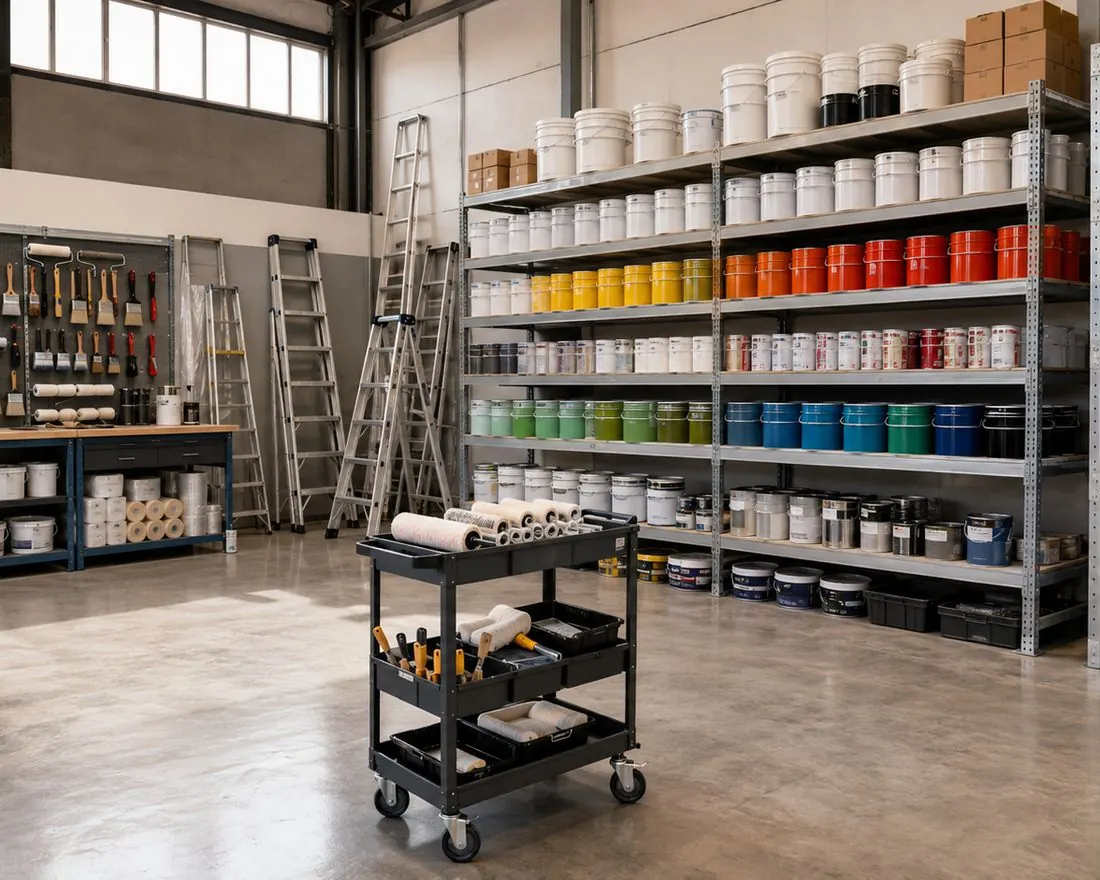 Bodega con tinetas de pintura y materiales ordenados