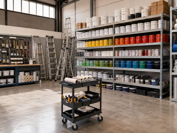 Bodega con tinetas de pintura y materiales ordenados