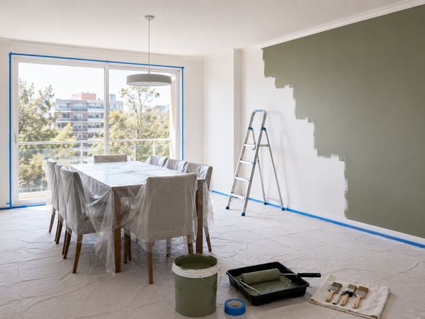 Comedor con muro de acento verde recién aplicado